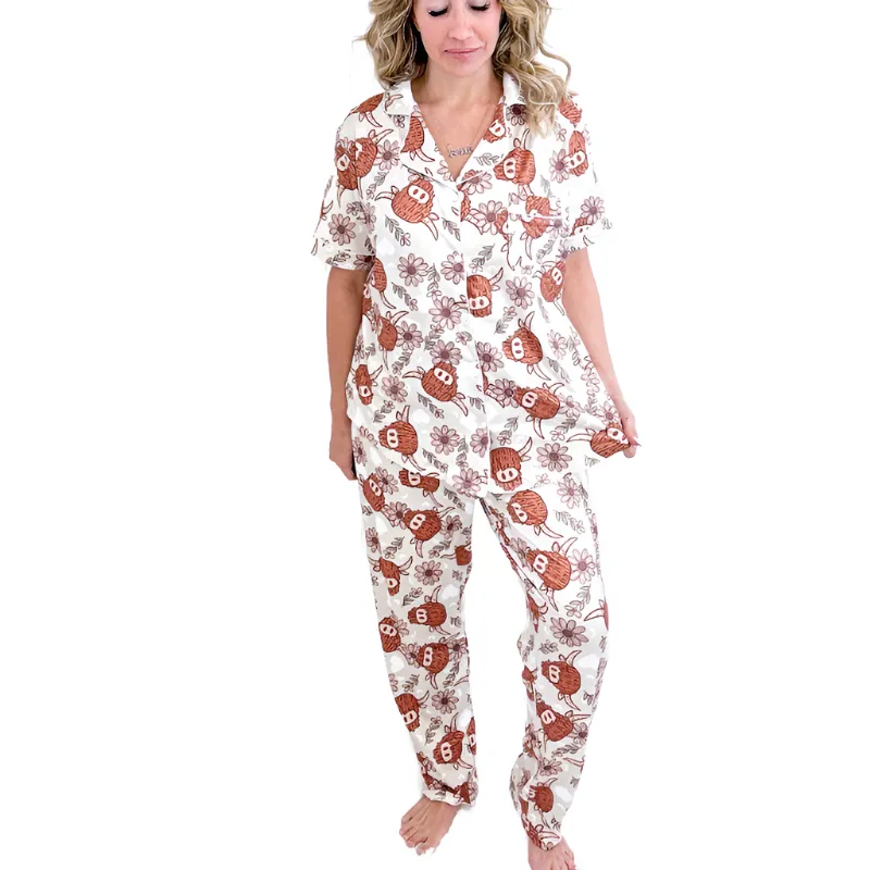 Boho Highland Cow Butter Soft Button up Pajama Set