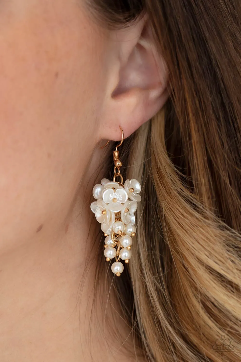 Bountiful Bouquets Gold and White Pearl Flower Earrings - Paparazzi Accessories