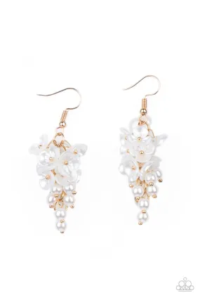 Bountiful Bouquets Gold and White Pearl Flower Earrings - Paparazzi Accessories