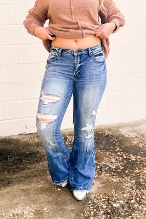 Canton Distressed Mid Rise Stretch Flare Jeans