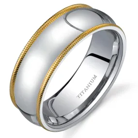 Classic Two-Tone 8mm Men's Genuine Titanium Band, Milgrain Edge, Comfort Fit, Size 10.5