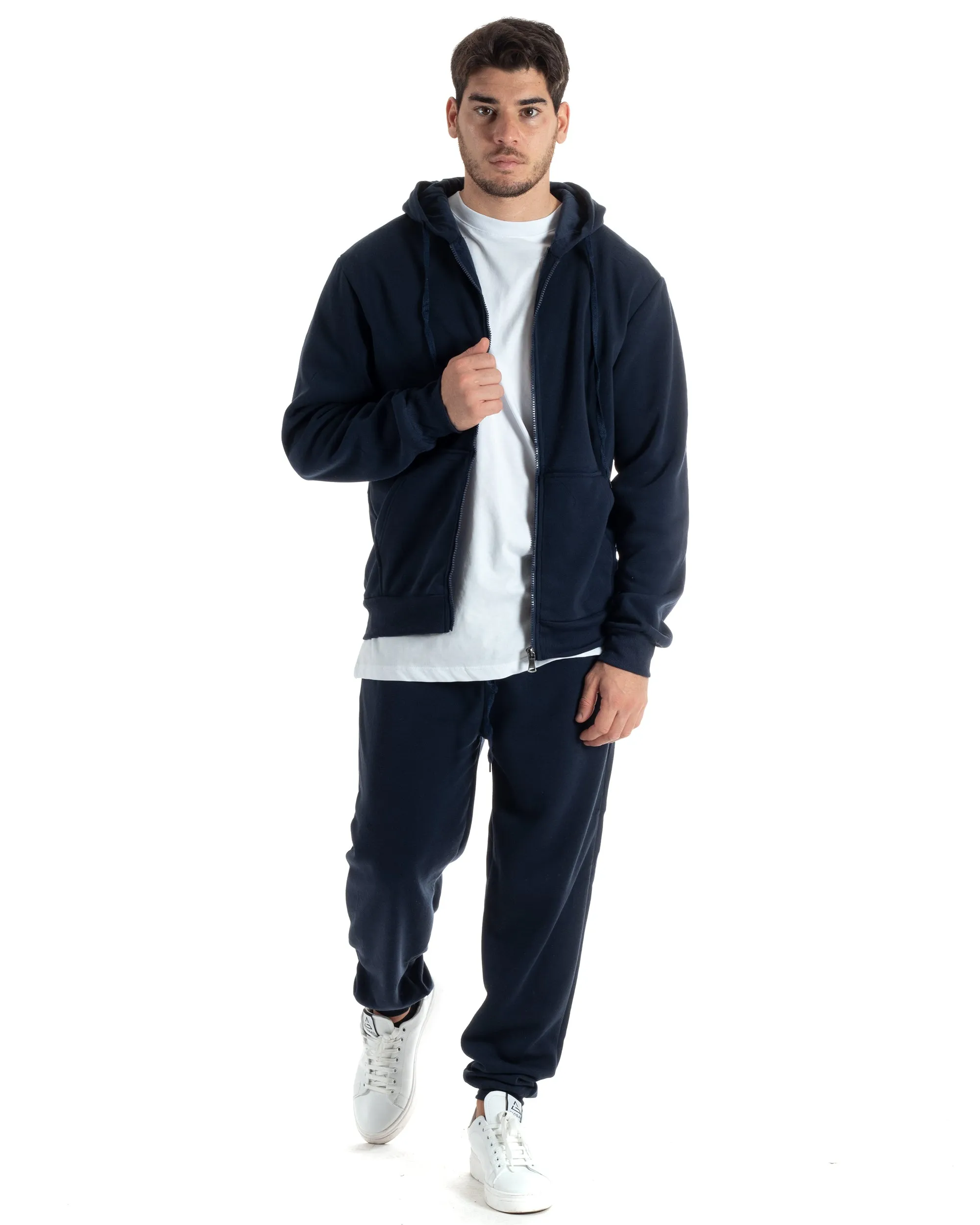 Completo Tuta Uomo Felpato Basic Felpa Con Cappuccio Zip Pantalaccio Tinta Unita Blu GIOSAL-OU2437A