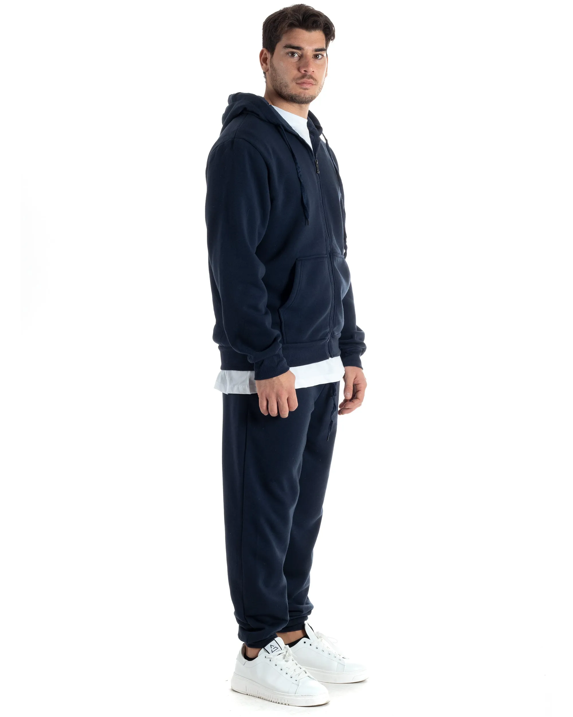 Completo Tuta Uomo Felpato Basic Felpa Con Cappuccio Zip Pantalaccio Tinta Unita Blu GIOSAL-OU2437A