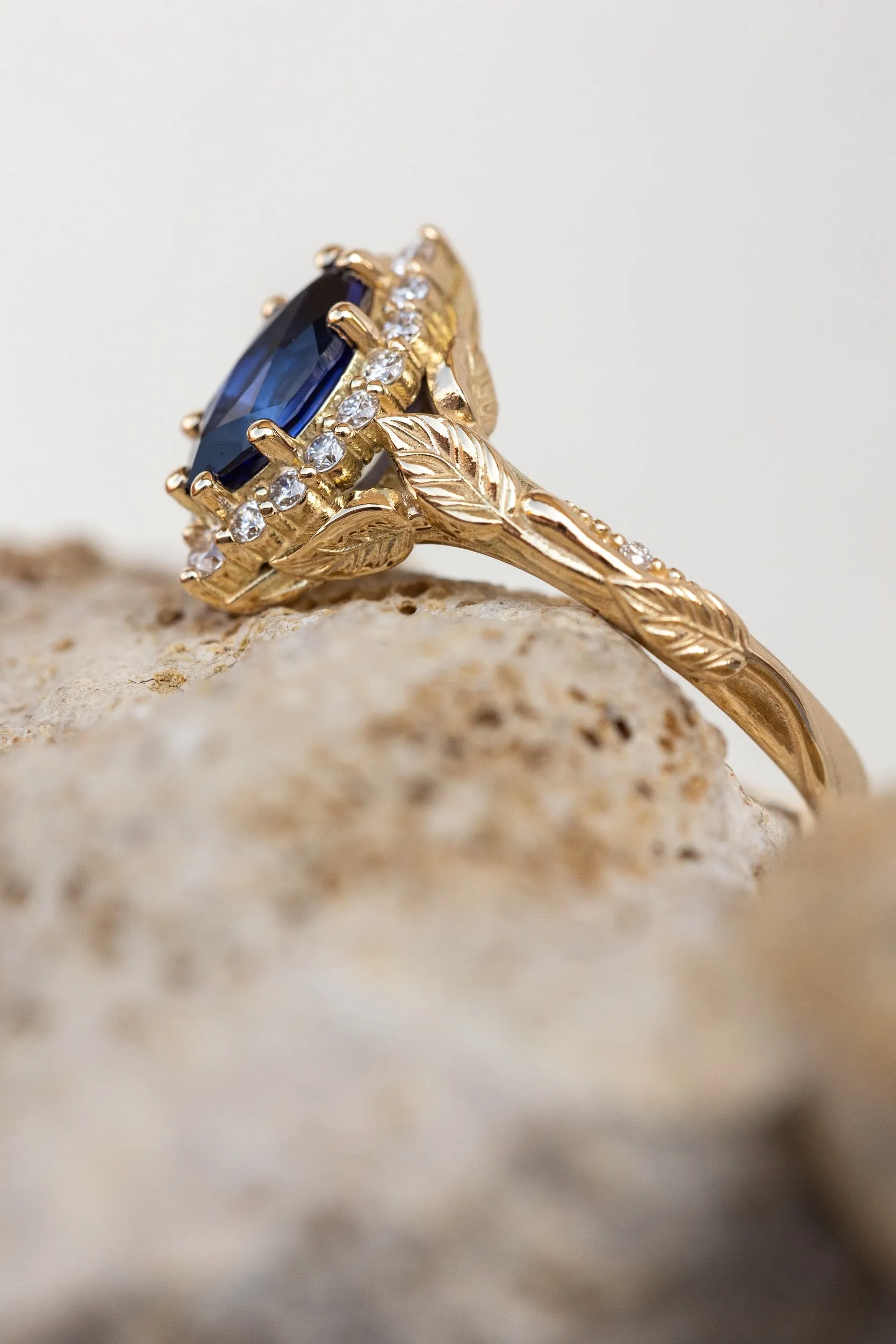 Dark blue lab sapphire engagement ring, gold proposal ring with marquise cut gemstone and diamond halo / Florentina