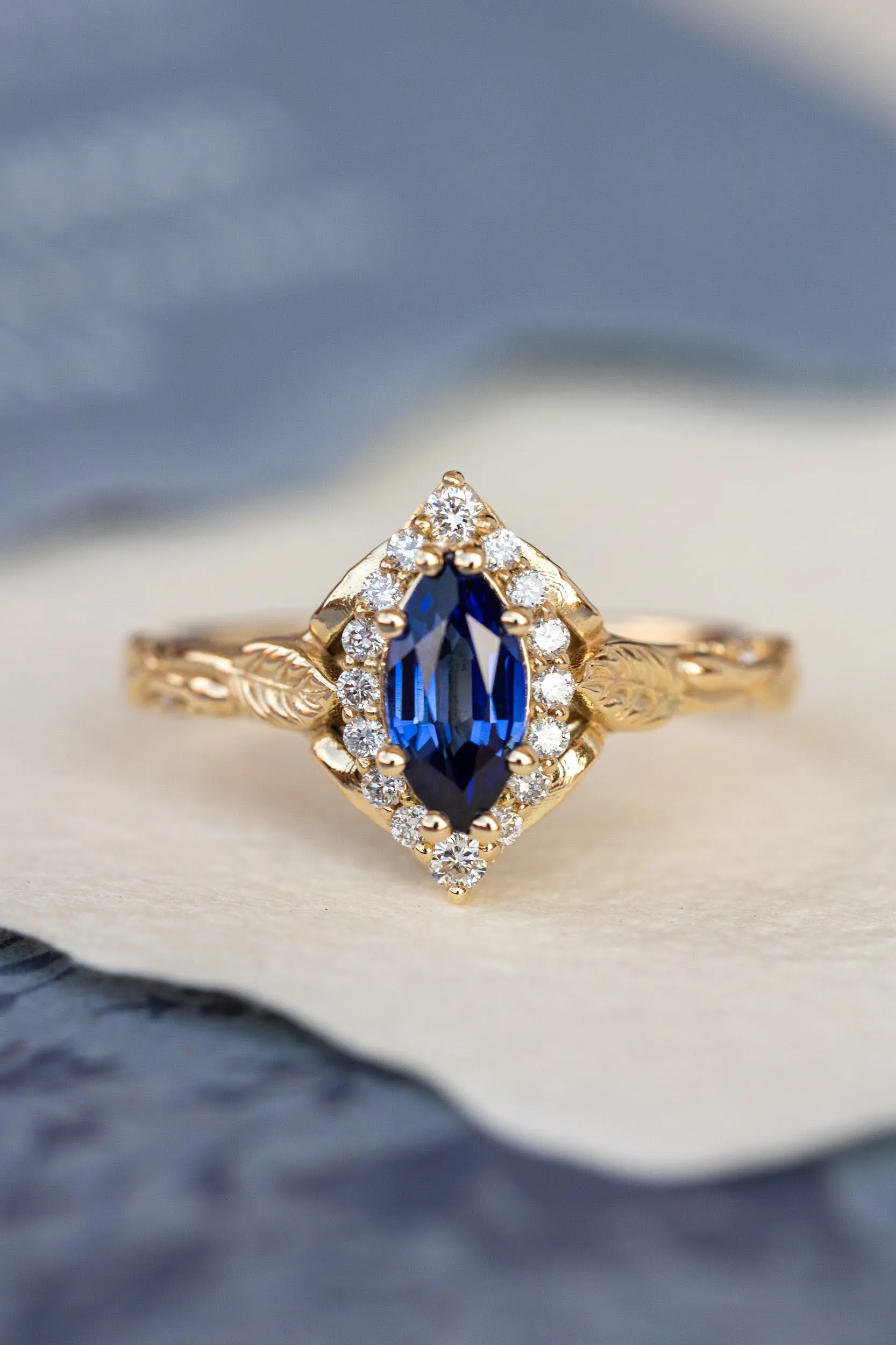 Dark blue lab sapphire engagement ring, gold proposal ring with marquise cut gemstone and diamond halo / Florentina