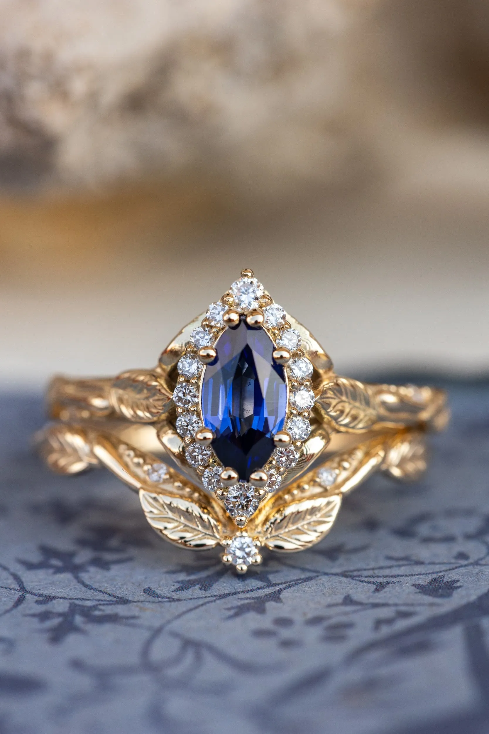 Dark blue lab sapphire engagement ring, gold proposal ring with marquise cut gemstone and diamond halo / Florentina