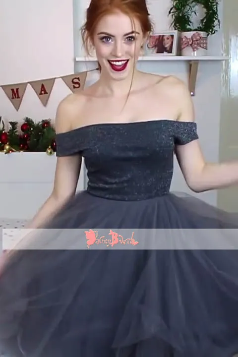 Dark Grey Tulle Off Shoulder Simple Cheap Cocktail Homecoming Dresses,BD0161