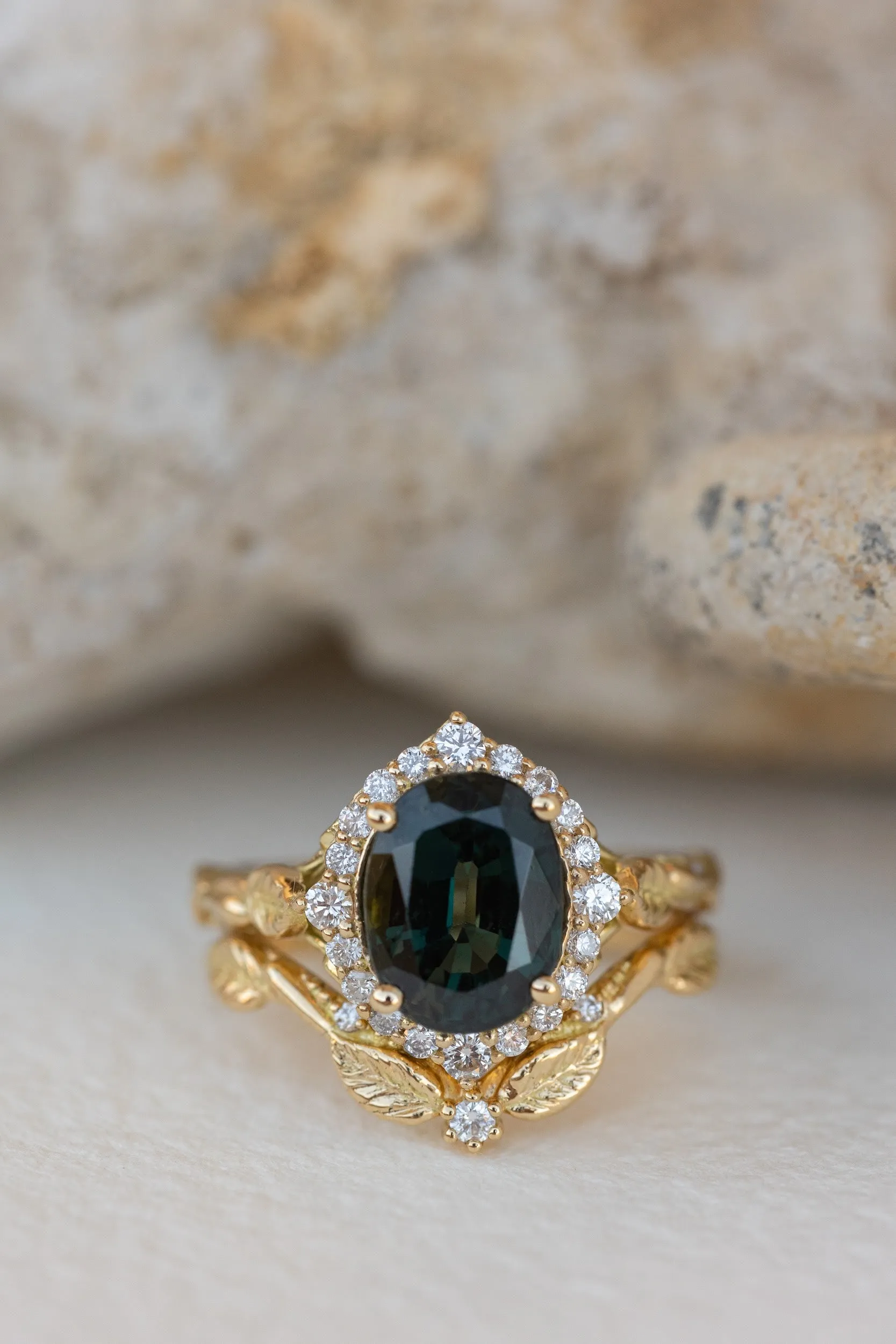 Dark teal genuine sapphire engagement ring set, diamond halo bridal ring set / Florentina