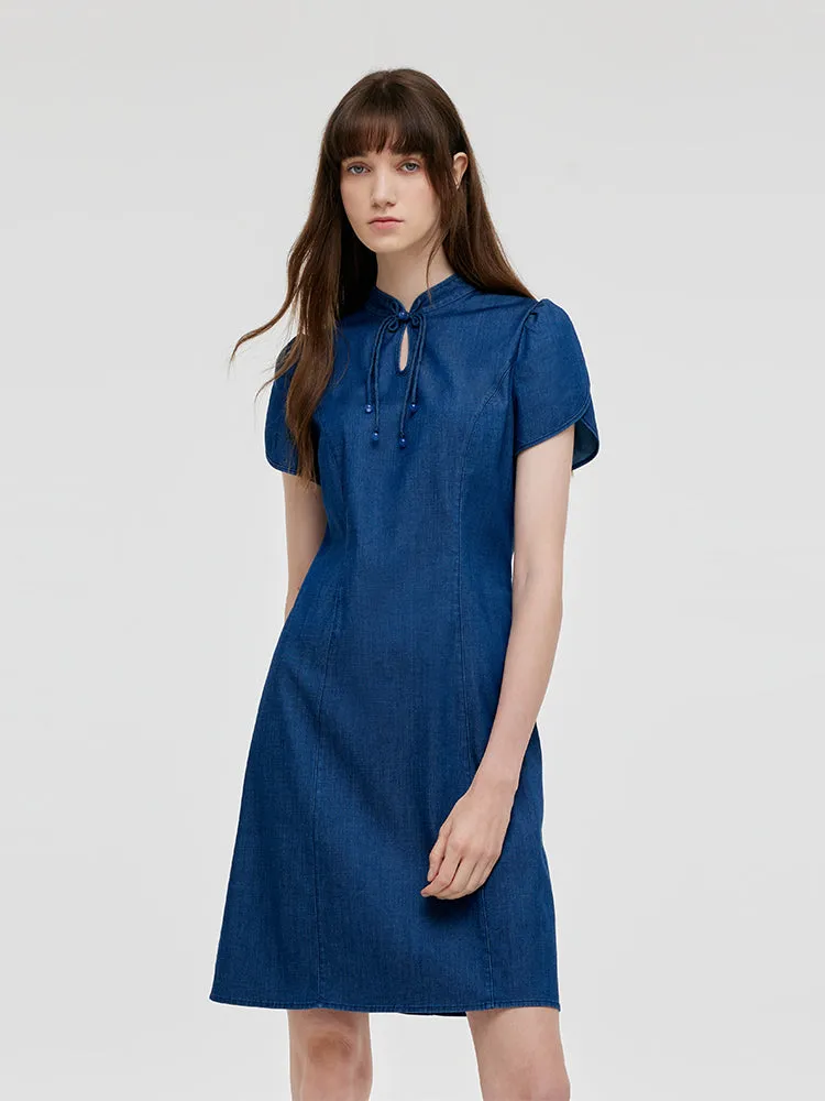 Denim Petal Sleeves Women Qipao Mini Dress