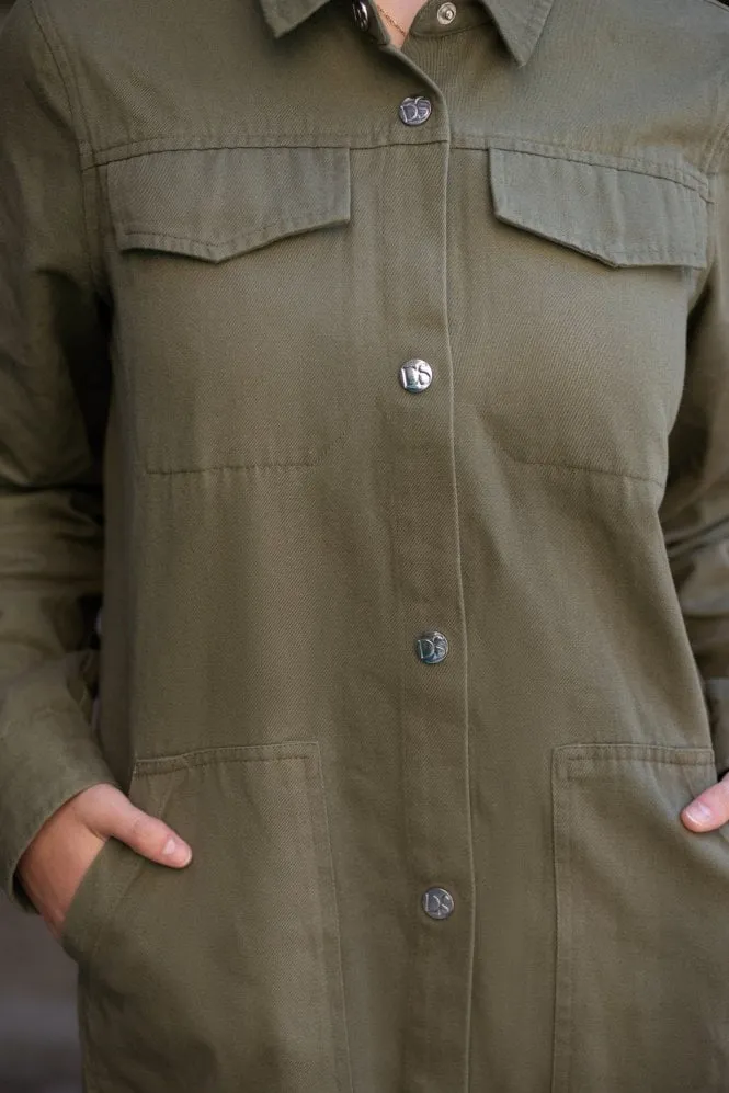 Double Second Khaki Wash Shacket With Embroidery Back