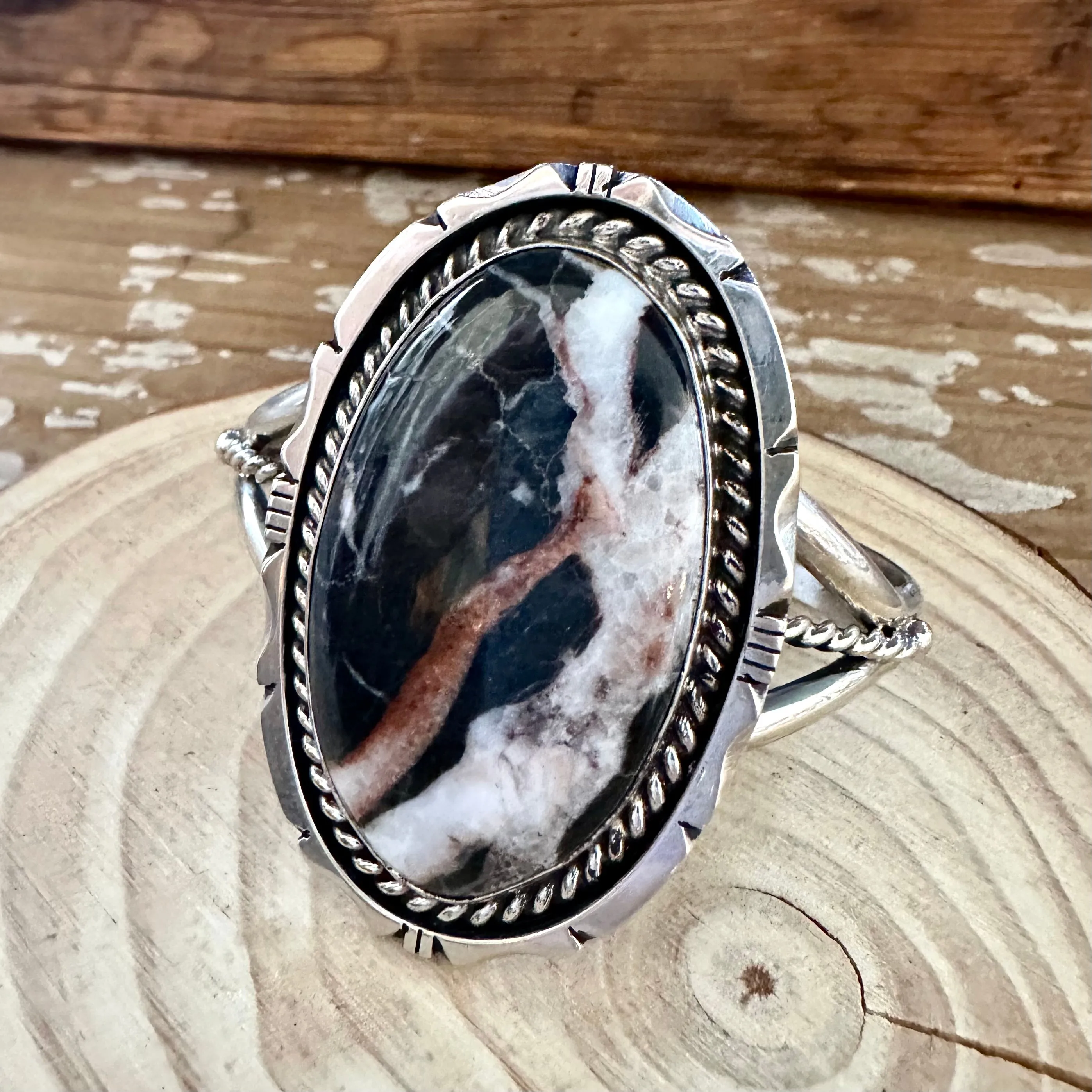 EDDIE SECATERO Navajo White Buffalo Turquoise Sterling Silver Cuff 64g