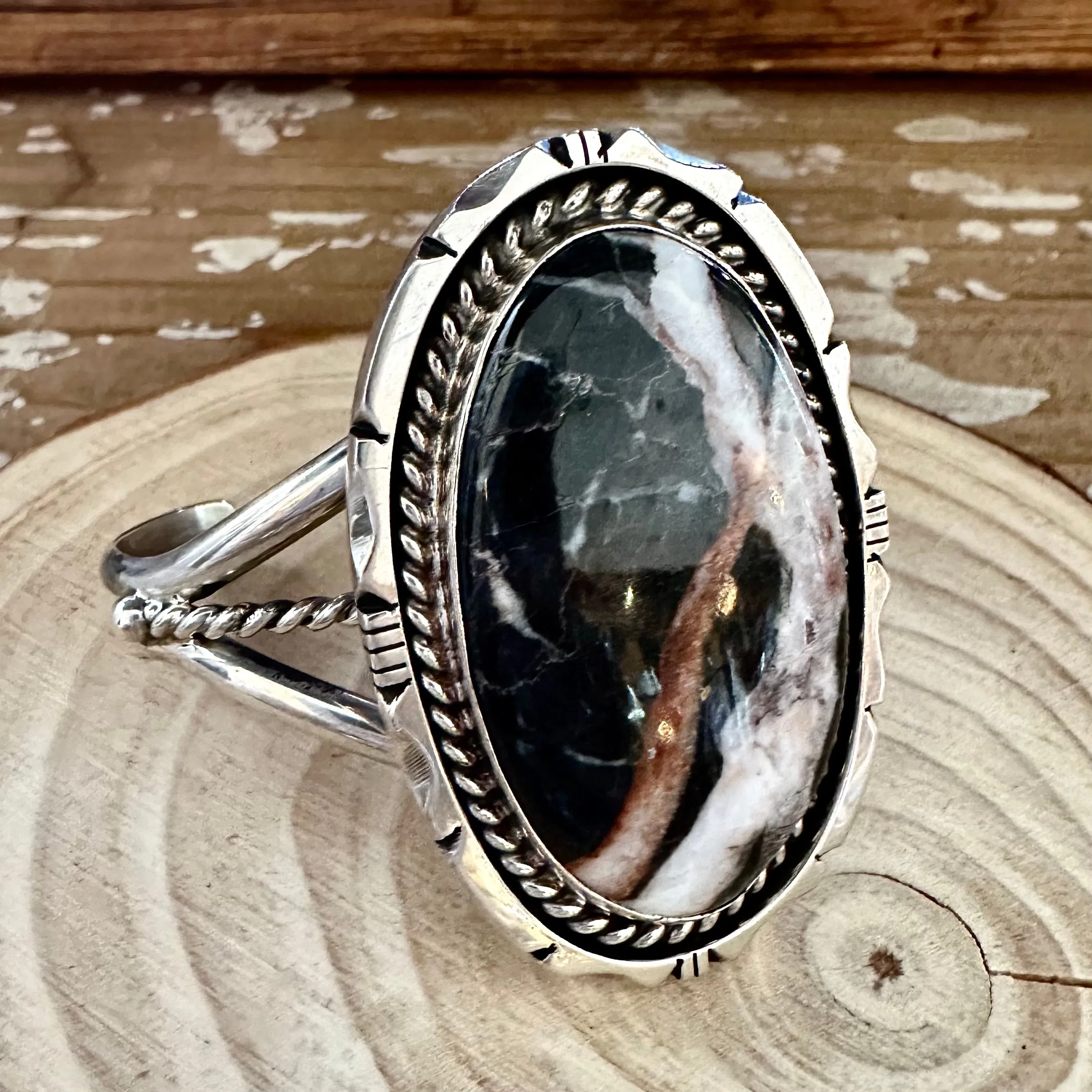 EDDIE SECATERO Navajo White Buffalo Turquoise Sterling Silver Cuff 64g