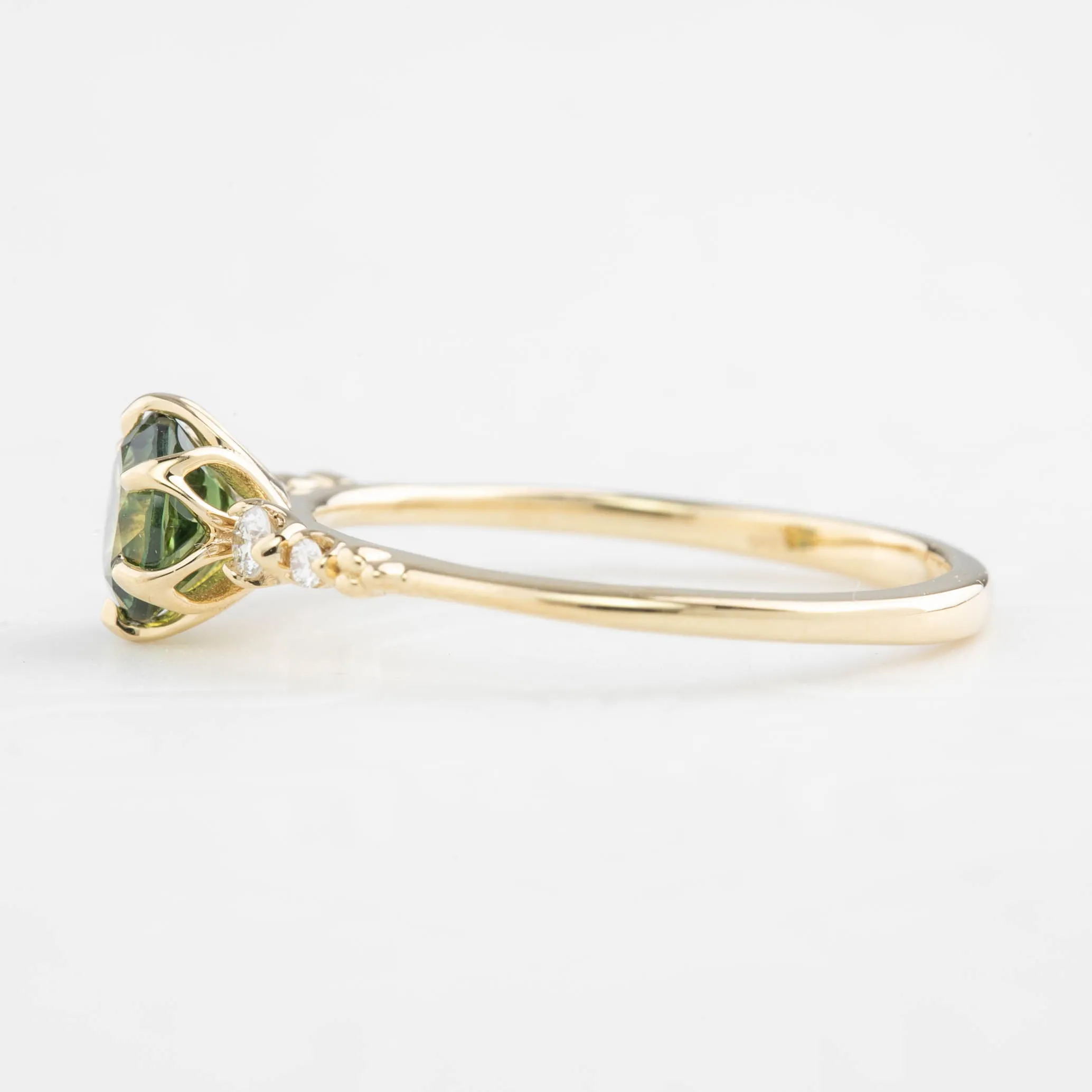 Estel Fleur Ring 1.04ct Green Round Queensland Sapphire, 14K Yellow Gold (One of a kind)