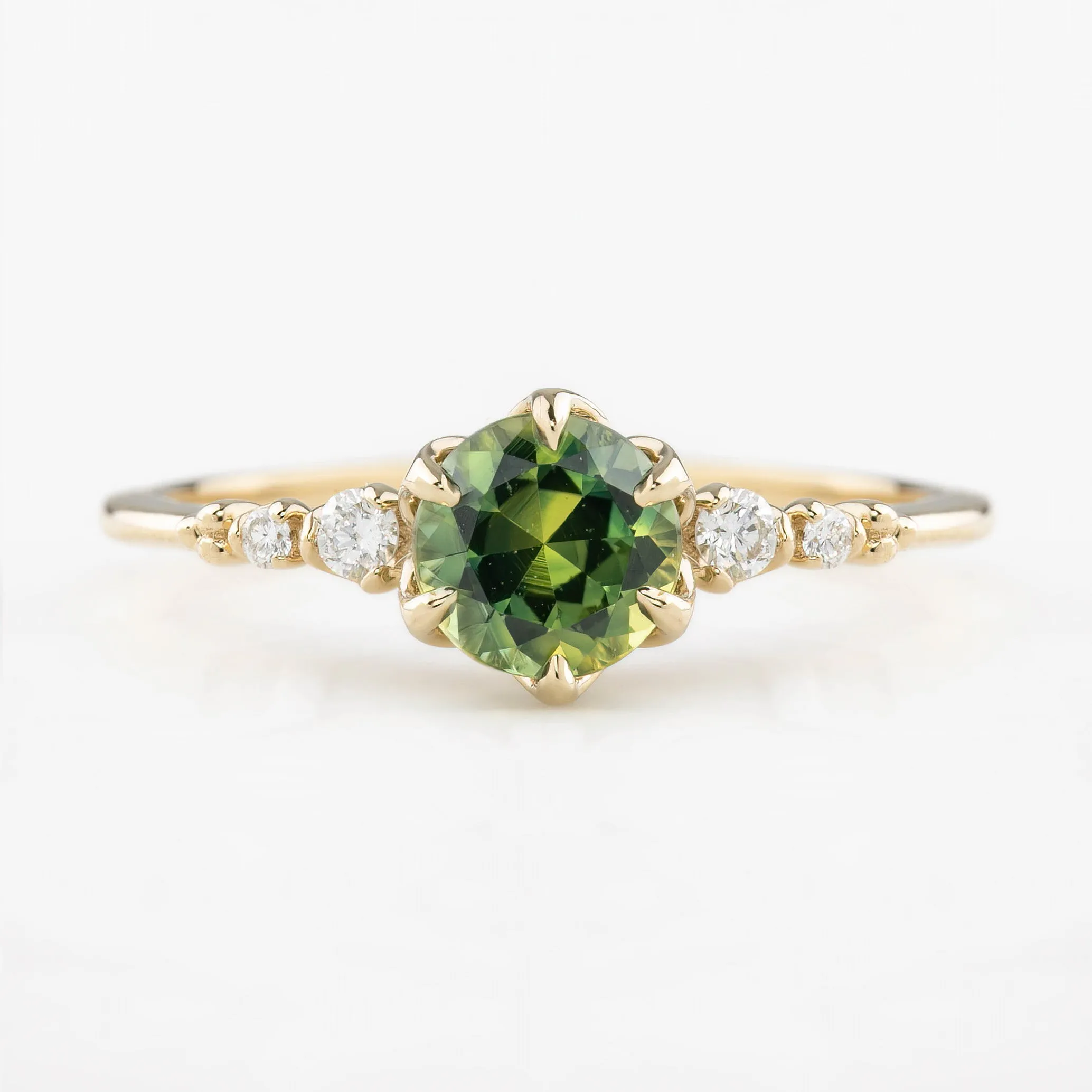 Estel Fleur Ring 1.04ct Green Round Queensland Sapphire, 14K Yellow Gold (One of a kind)