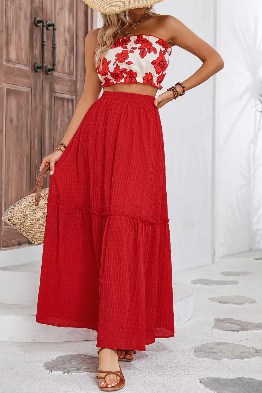 Floral Tube Top and Red Maxi Skirt Set