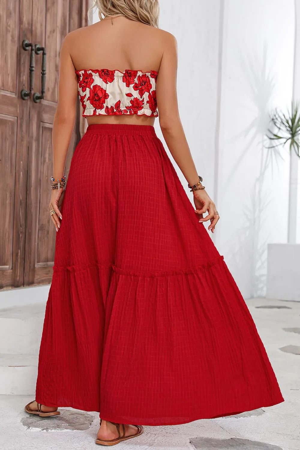 Floral Tube Top and Red Maxi Skirt Set