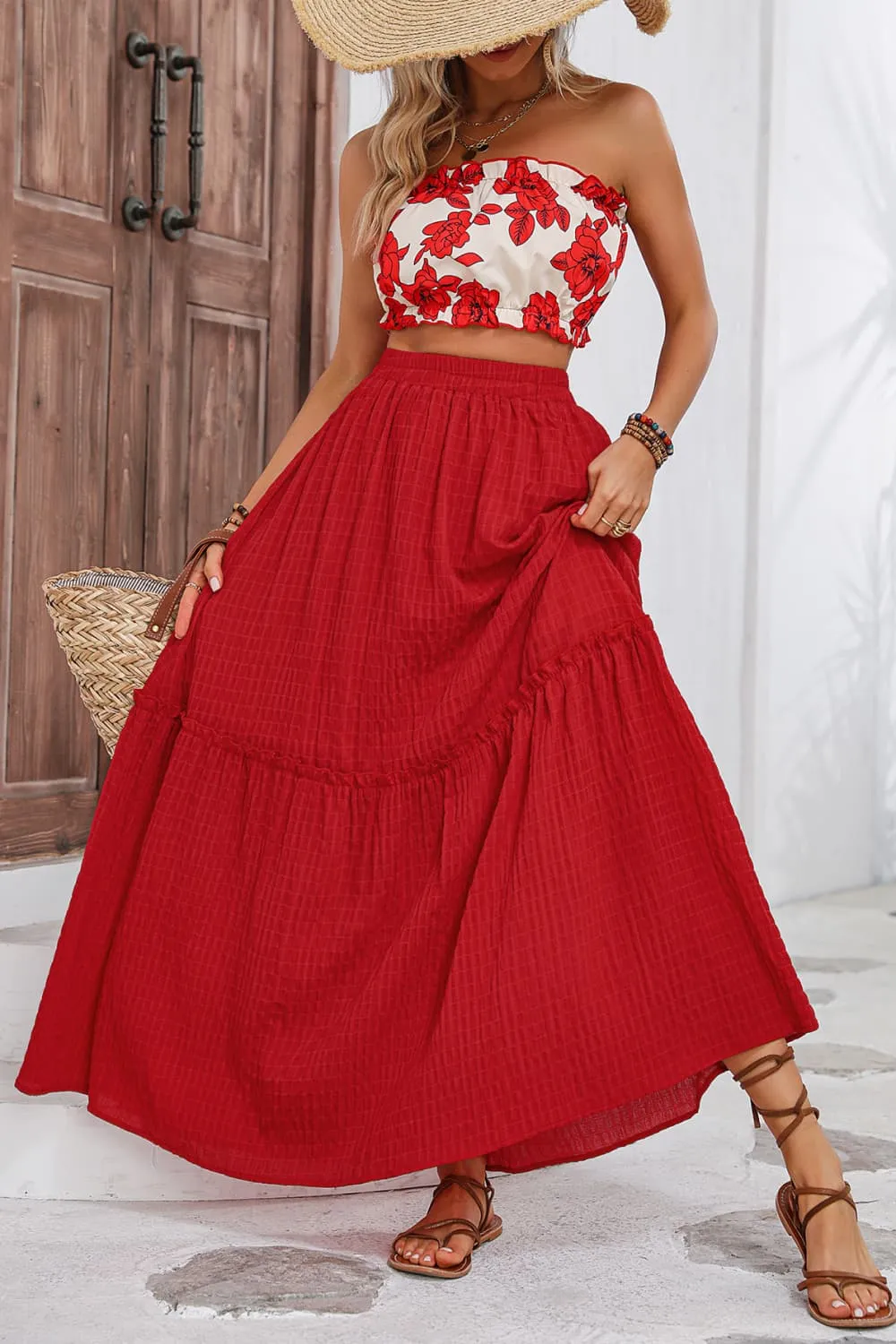 Floral Tube Top and Red Maxi Skirt Set