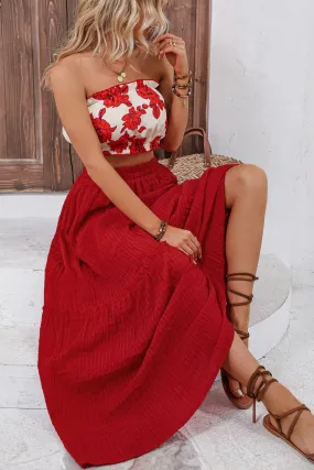 Floral Tube Top and Red Maxi Skirt Set