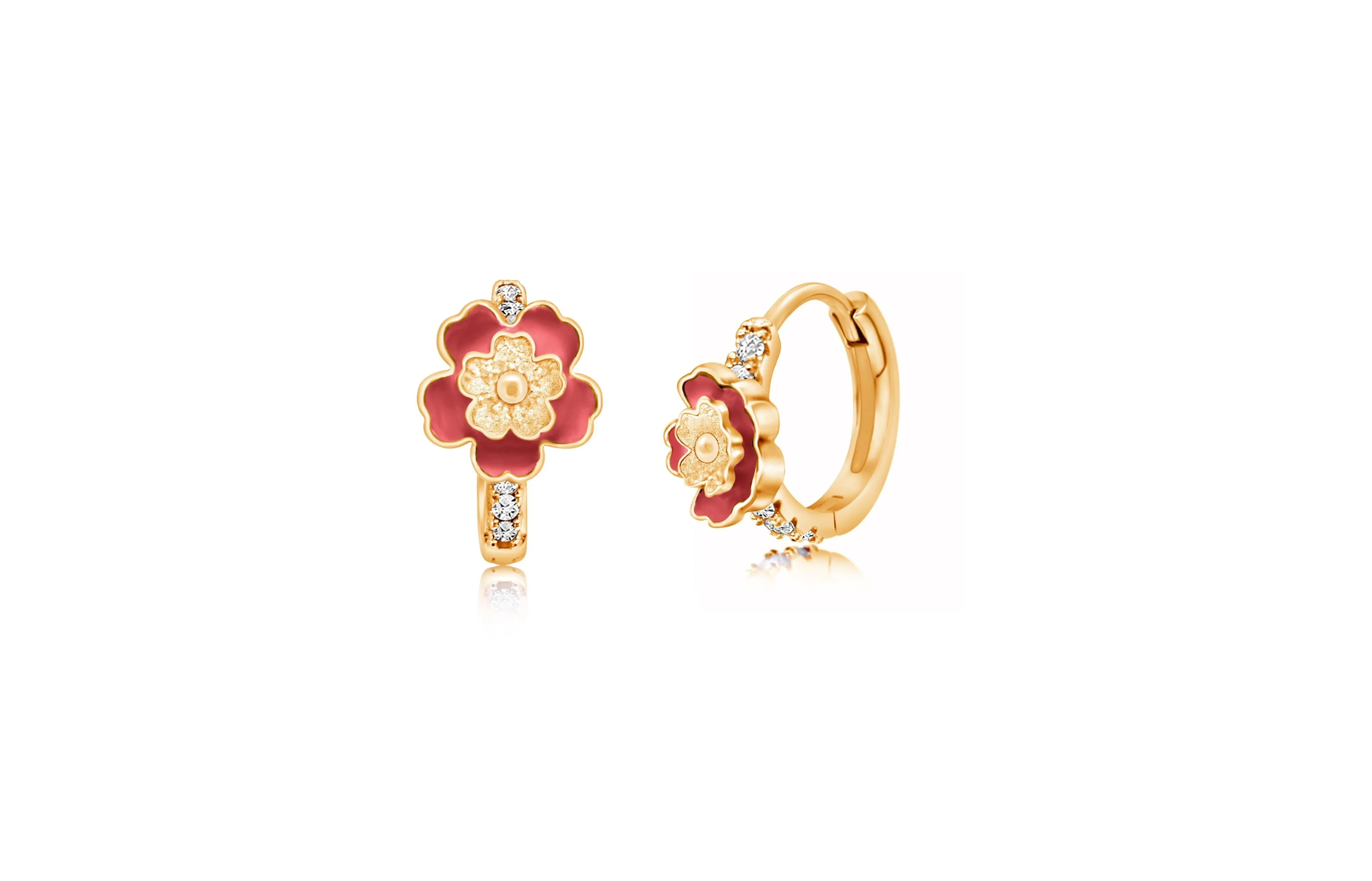 Flower Red Crystal Yellow Gold Plating Girls Leverback Earring