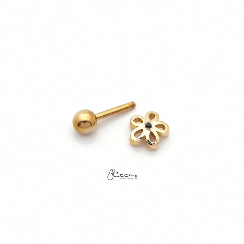 Flower with C.Z Center Cartilage Tragus Barbell - Gold