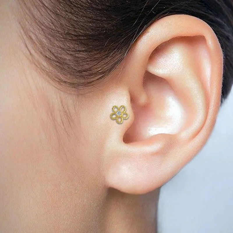 Flower with C.Z Center Cartilage Tragus Barbell - Gold