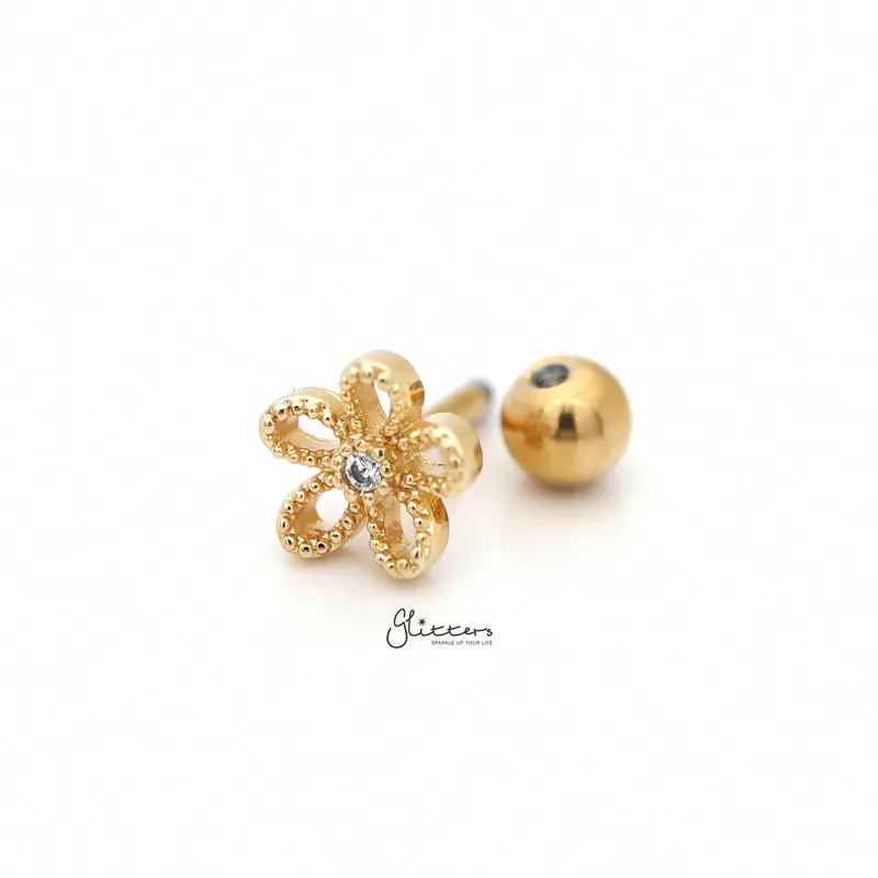 Flower with C.Z Center Cartilage Tragus Barbell - Gold