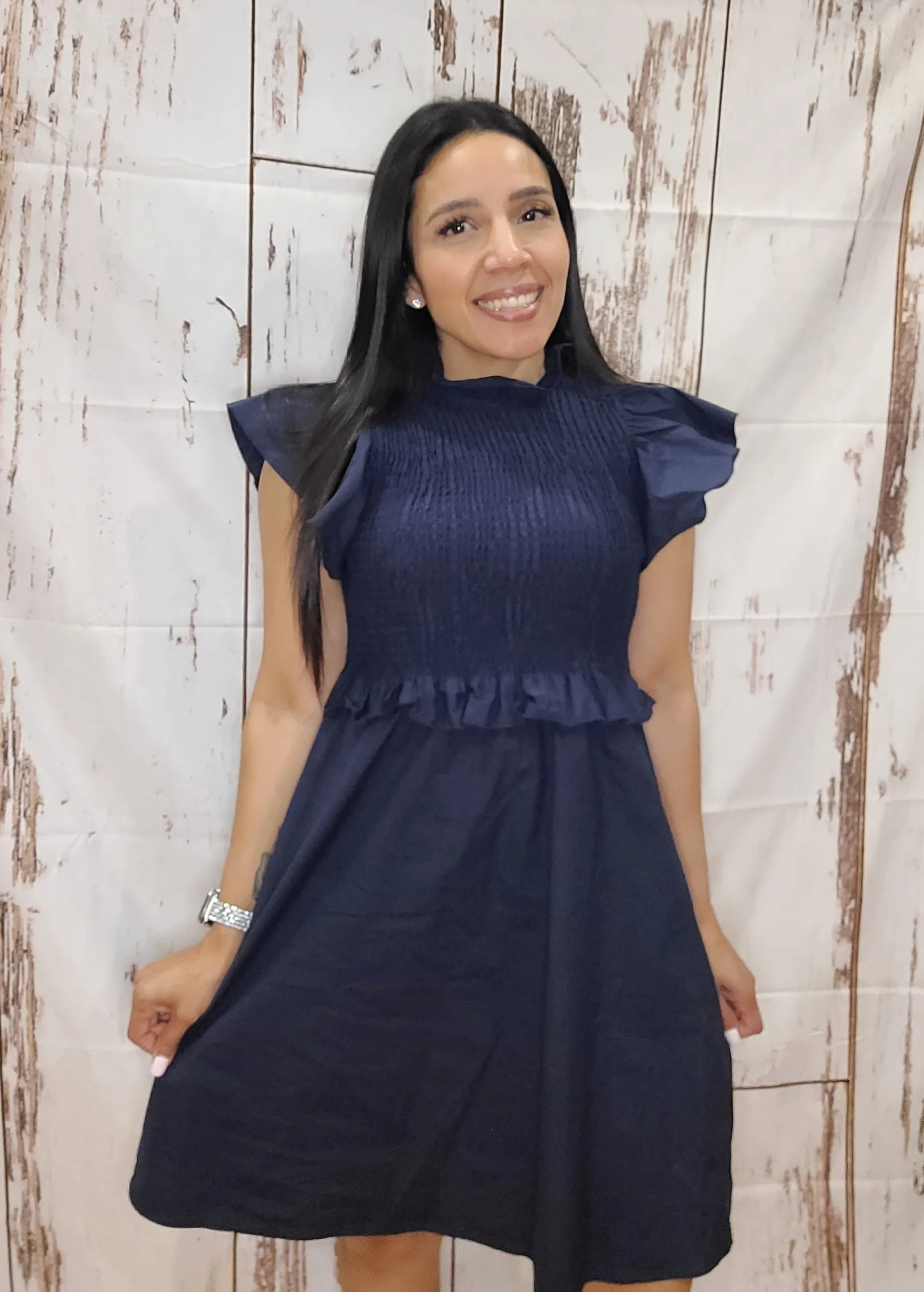 Flying Sleeve Smocked Dress - Navy