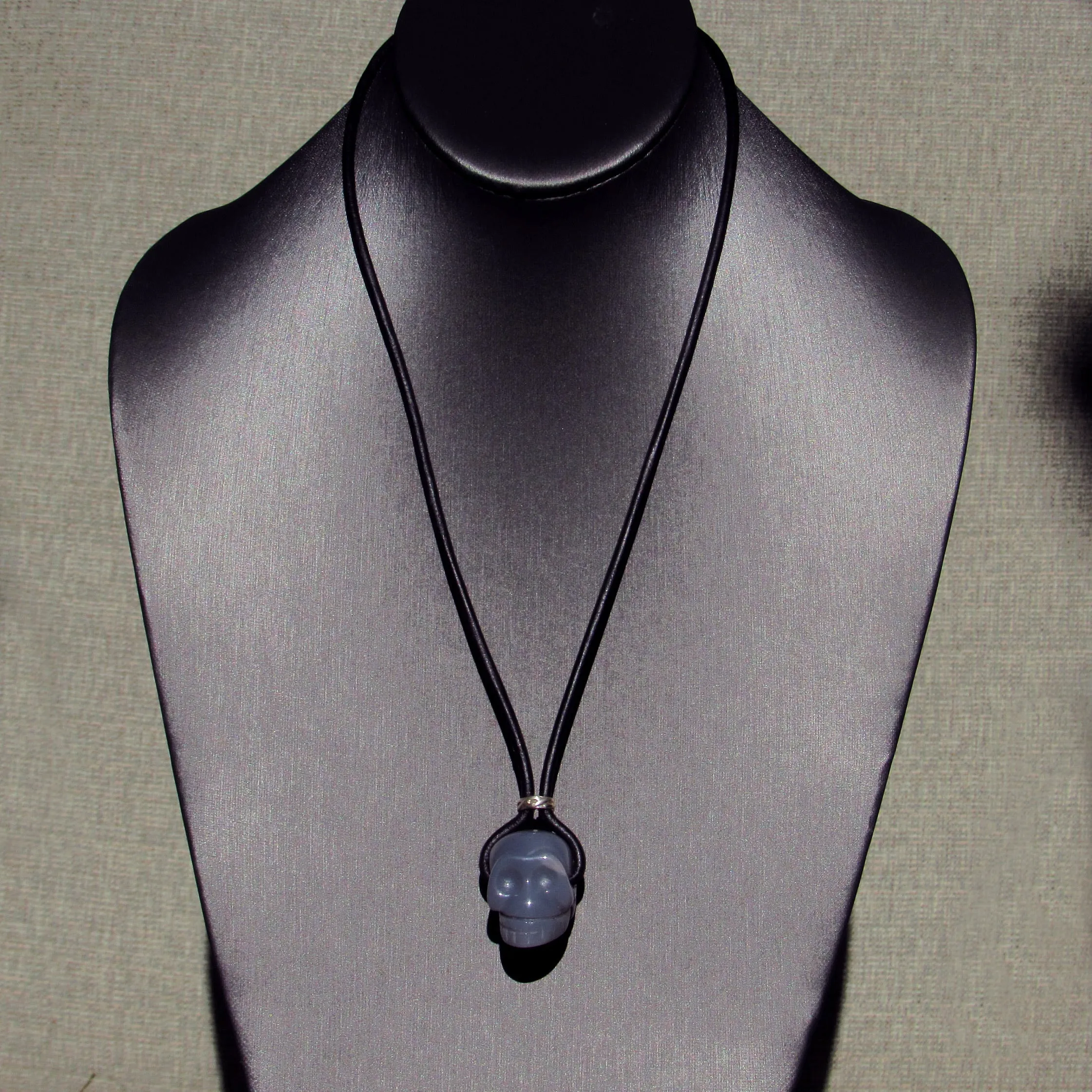 Genuine Gemstone Skull with Sterling Silver on genuine Leather Necklace