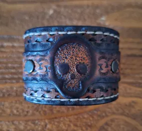 Genuine Leather Handmade Sugar Skull Cuff Bracelet