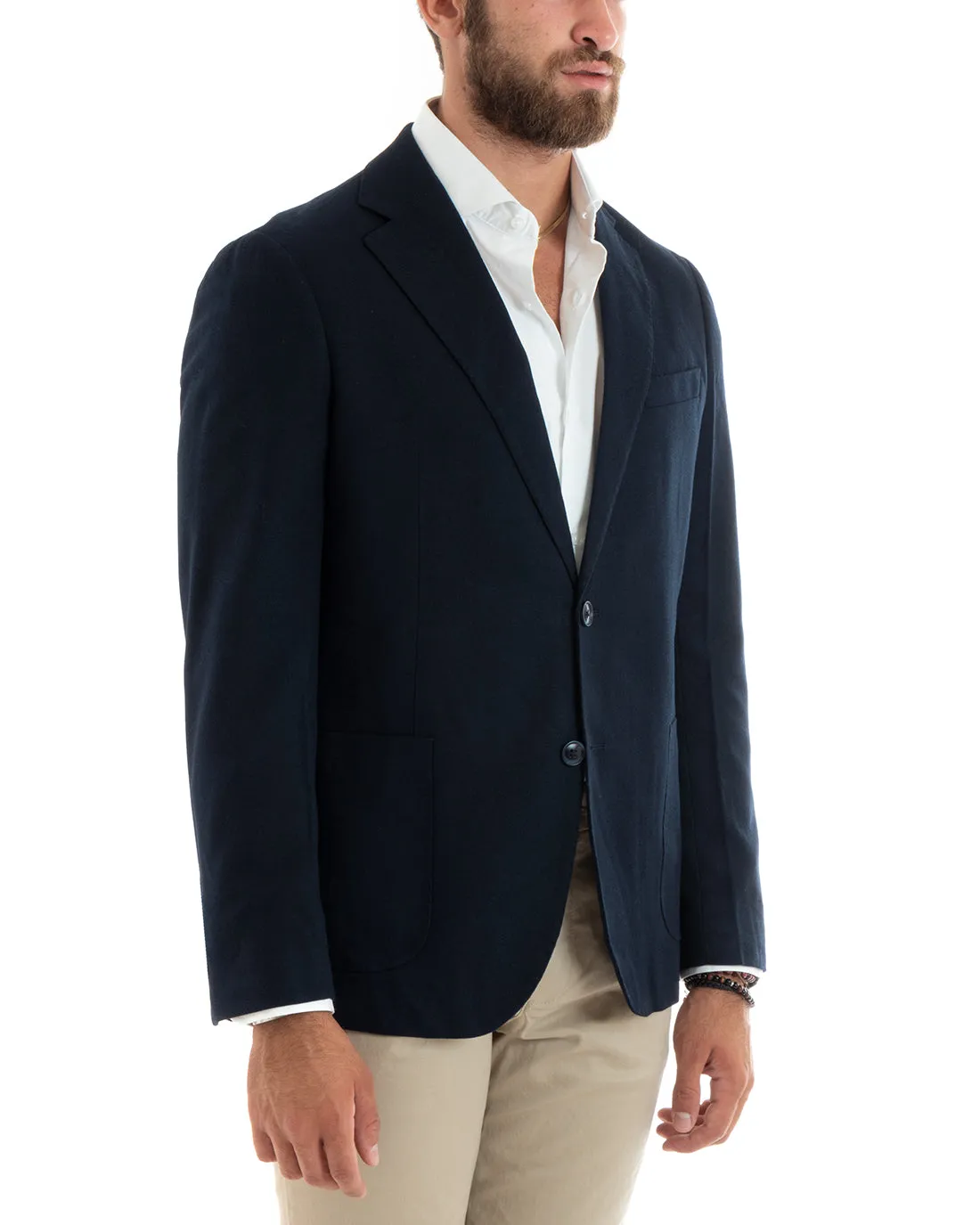 Giacca Uomo Blazer Basic Monopetto Rever Classico Impunturato Tinta Unita Blu Casual GIOSAL-G3085A