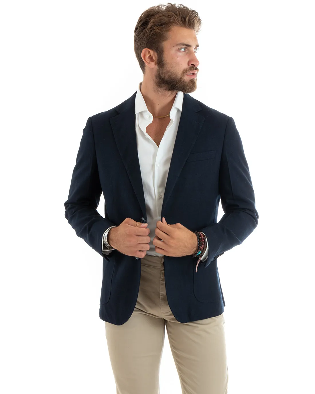 Giacca Uomo Blazer Basic Monopetto Rever Classico Impunturato Tinta Unita Blu Casual GIOSAL-G3085A