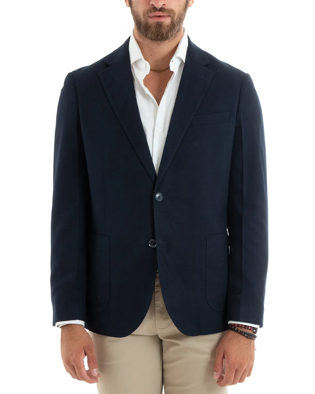 Giacca Uomo Blazer Basic Monopetto Rever Classico Impunturato Tinta Unita Blu Casual GIOSAL-G3085A