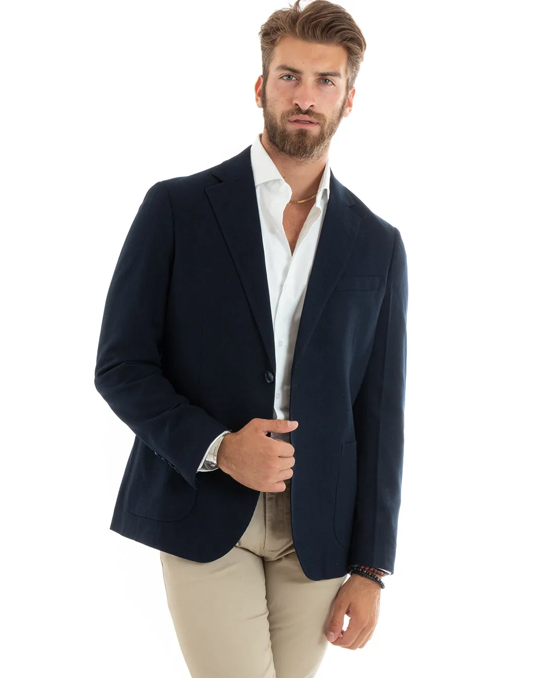 Giacca Uomo Blazer Basic Monopetto Rever Classico Impunturato Tinta Unita Blu Casual GIOSAL-G3085A