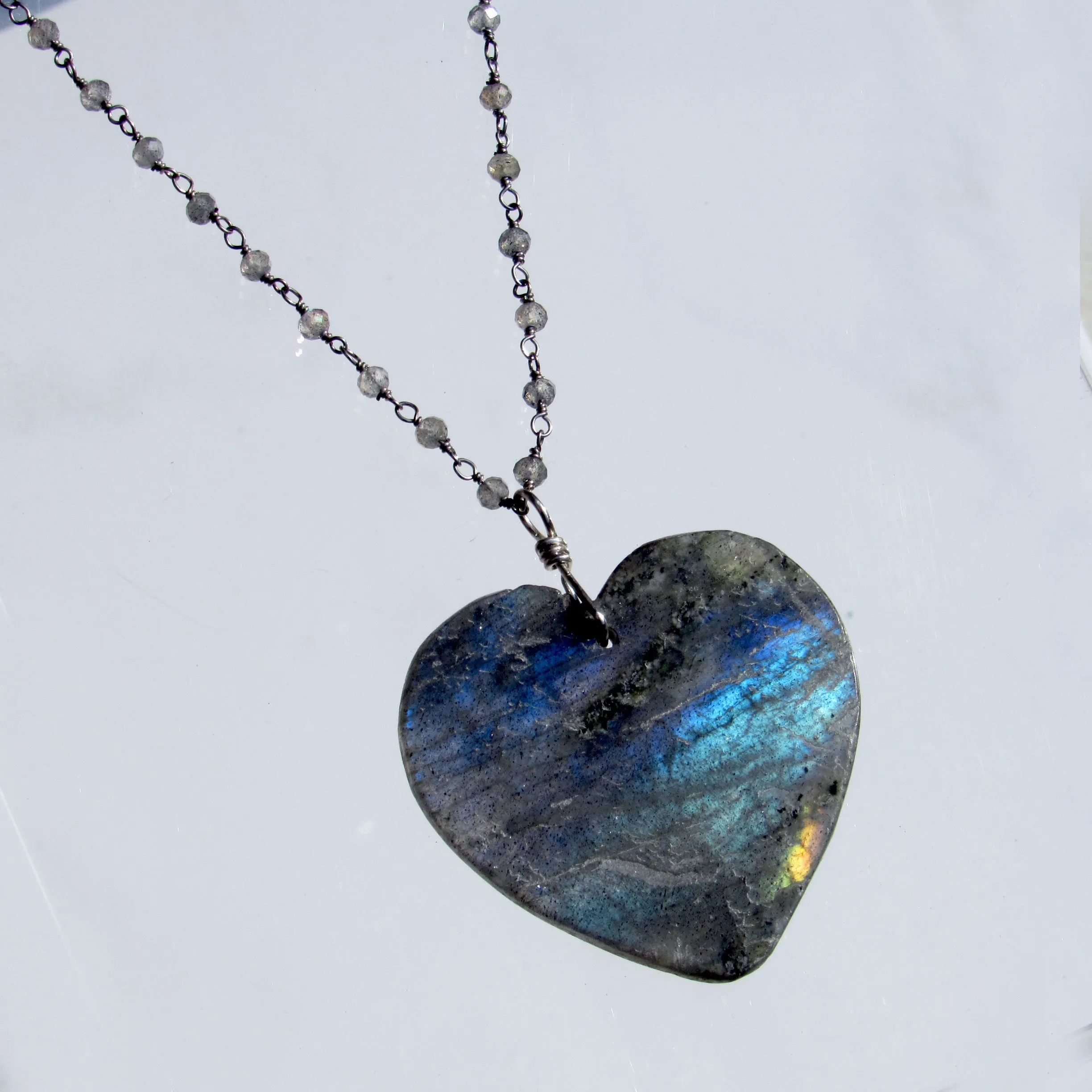 Labradorite Heart gemstone Pendant on labradorite and Silver Chain