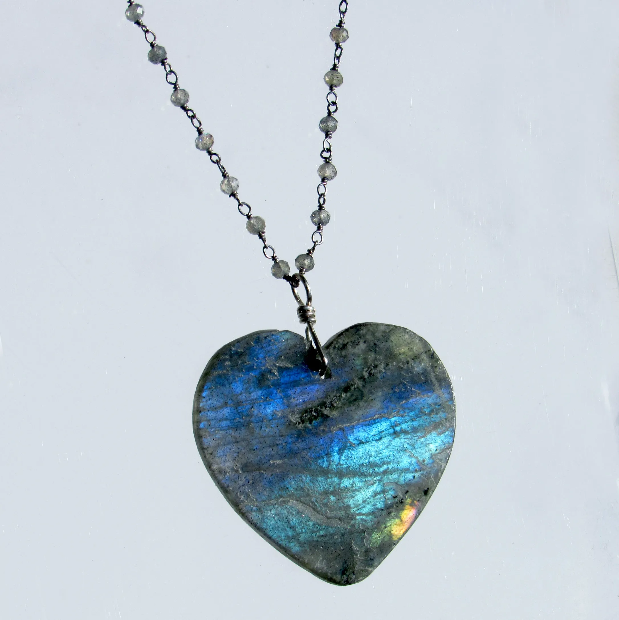 Labradorite Heart gemstone Pendant on labradorite and Silver Chain