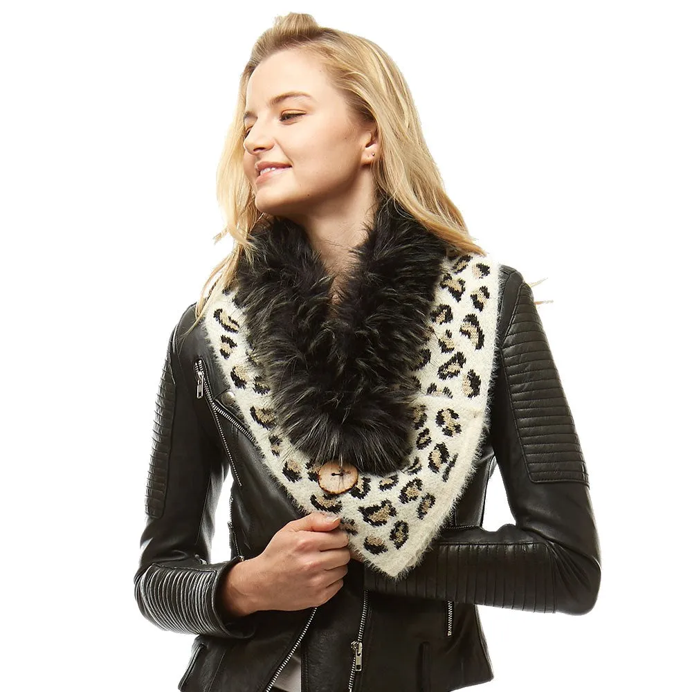 Leopard Faux Fur Chenille Triangle Tube Scarf Button Details