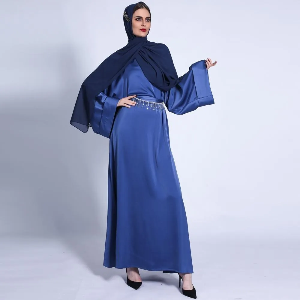 MA011 Pocket Satin Abaya With Shiny Rhinestone Belt