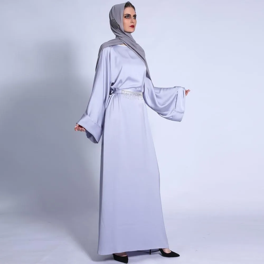 MA011 Pocket Satin Abaya With Shiny Rhinestone Belt