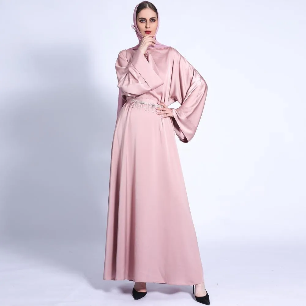 MA011 Pocket Satin Abaya With Shiny Rhinestone Belt