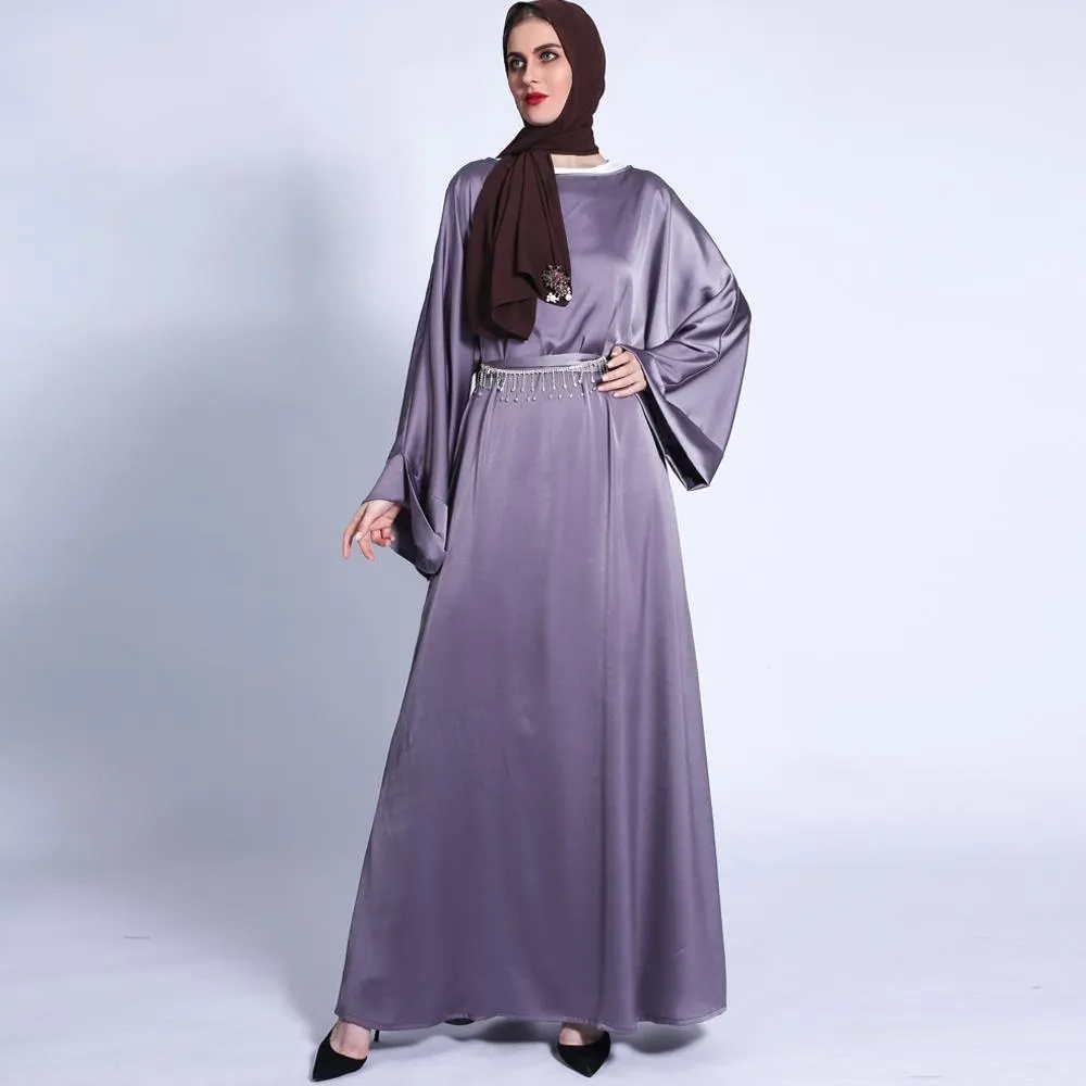 MA011 Pocket Satin Abaya With Shiny Rhinestone Belt