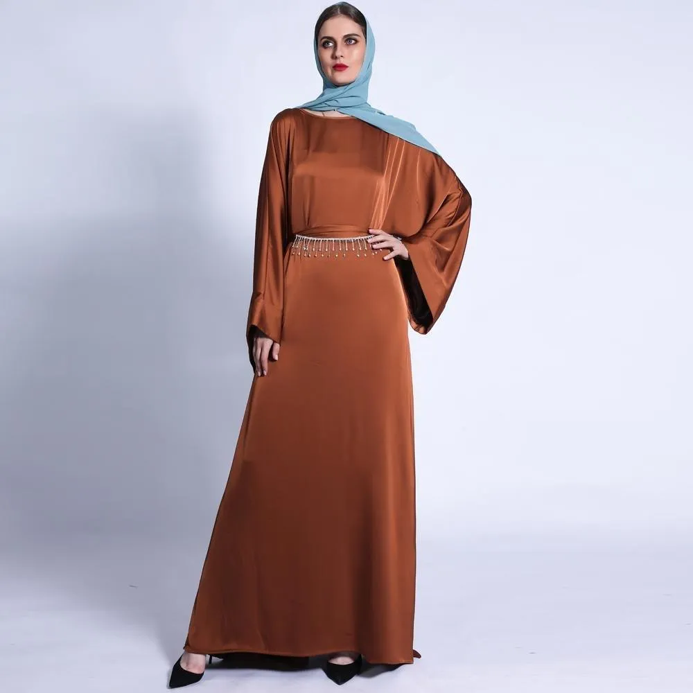 MA011 Pocket Satin Abaya With Shiny Rhinestone Belt