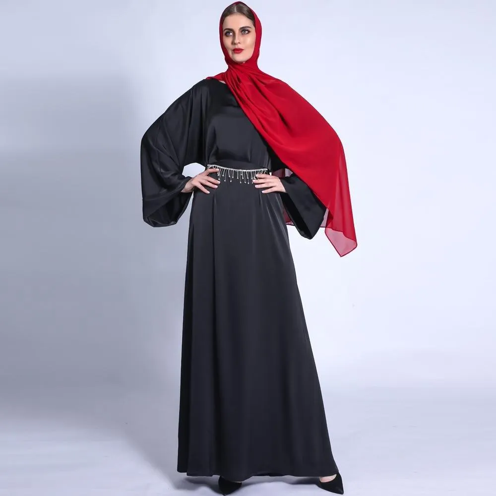 MA011 Pocket Satin Abaya With Shiny Rhinestone Belt