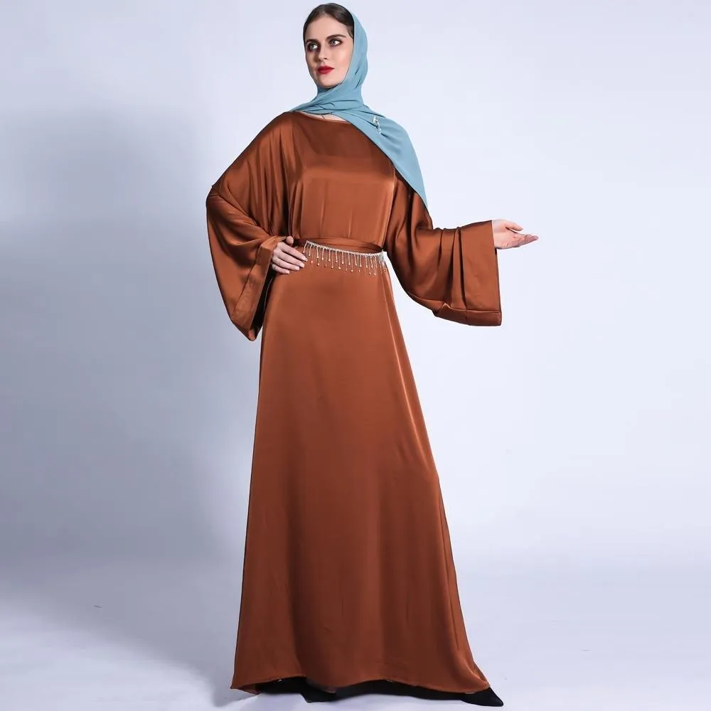 MA011 Pocket Satin Abaya With Shiny Rhinestone Belt