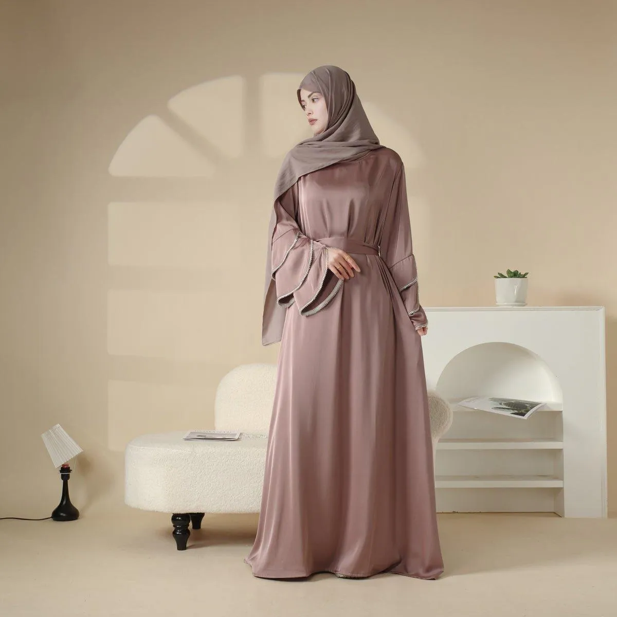 MA040  Ruffle Sleeve Diamond Satin Pocket Abaya