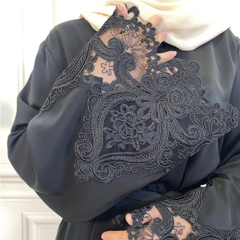 MA060 Floral Lace Zip Abaya