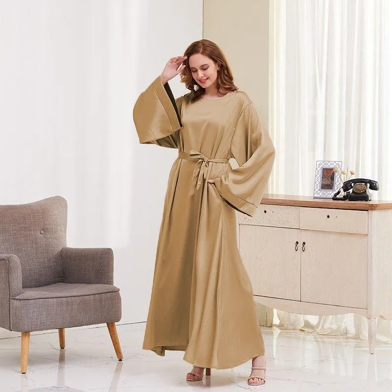 MA072 Solid Color Wide Sleeve Satin Abaya