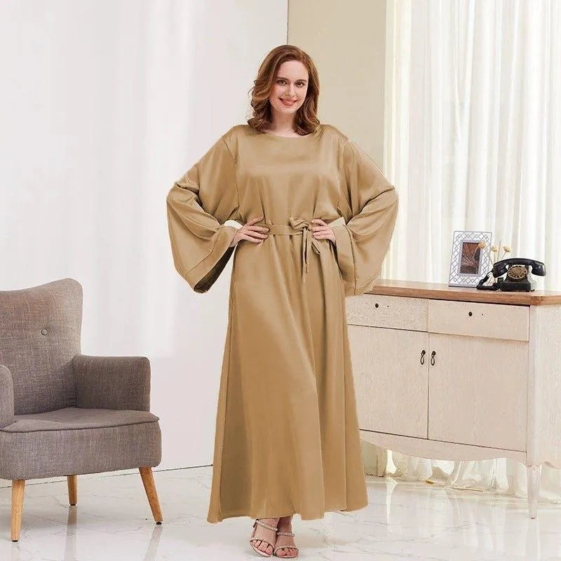 MA072 Solid Color Wide Sleeve Satin Abaya