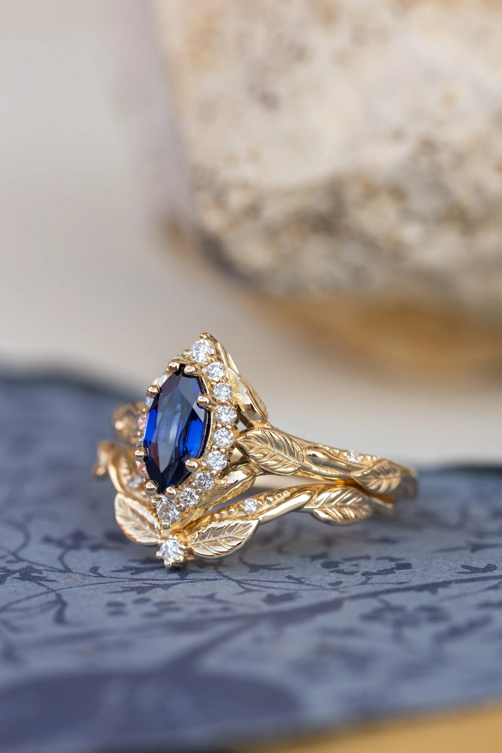 Marquise cut sapphire engagement ring set, nature inspired bridal ring set with diamond halo / Florentina