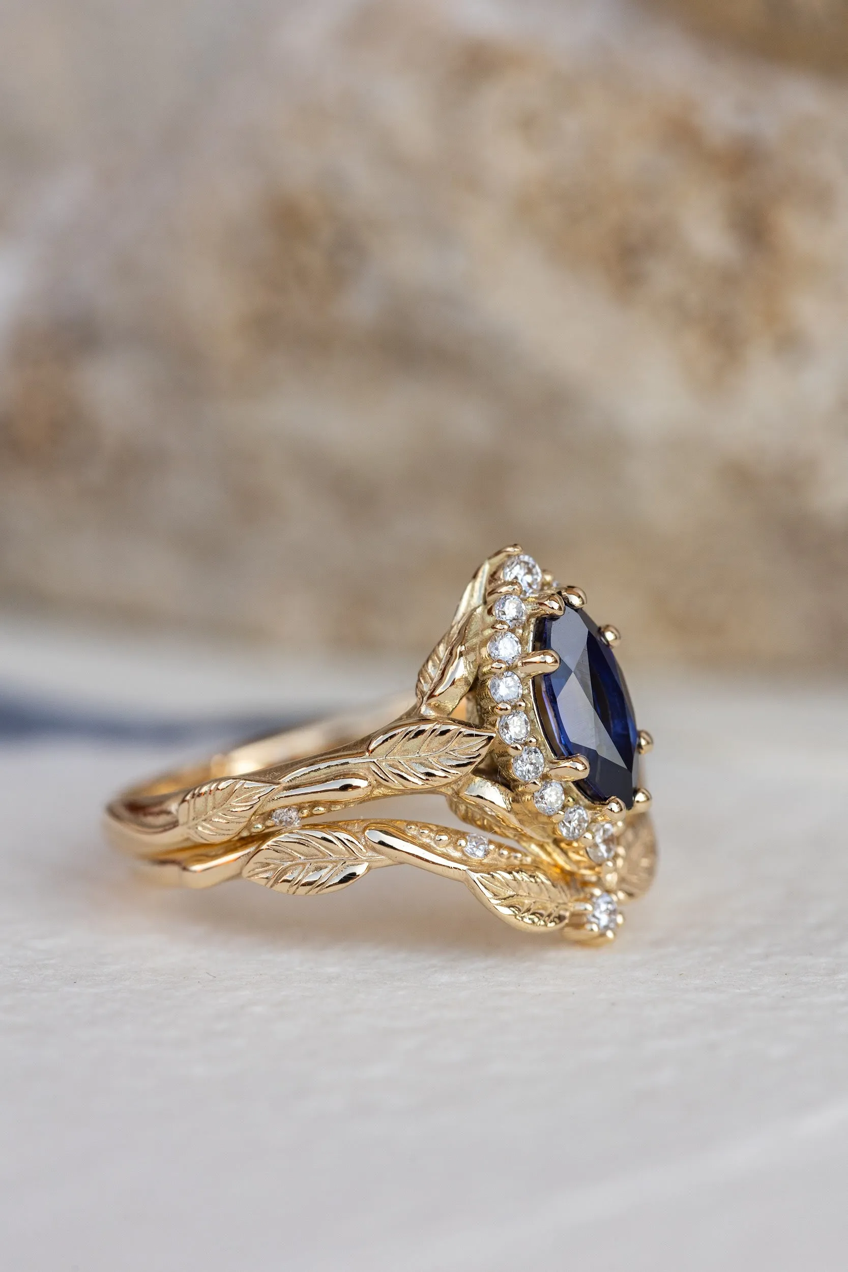 Marquise cut sapphire engagement ring set, nature inspired bridal ring set with diamond halo / Florentina