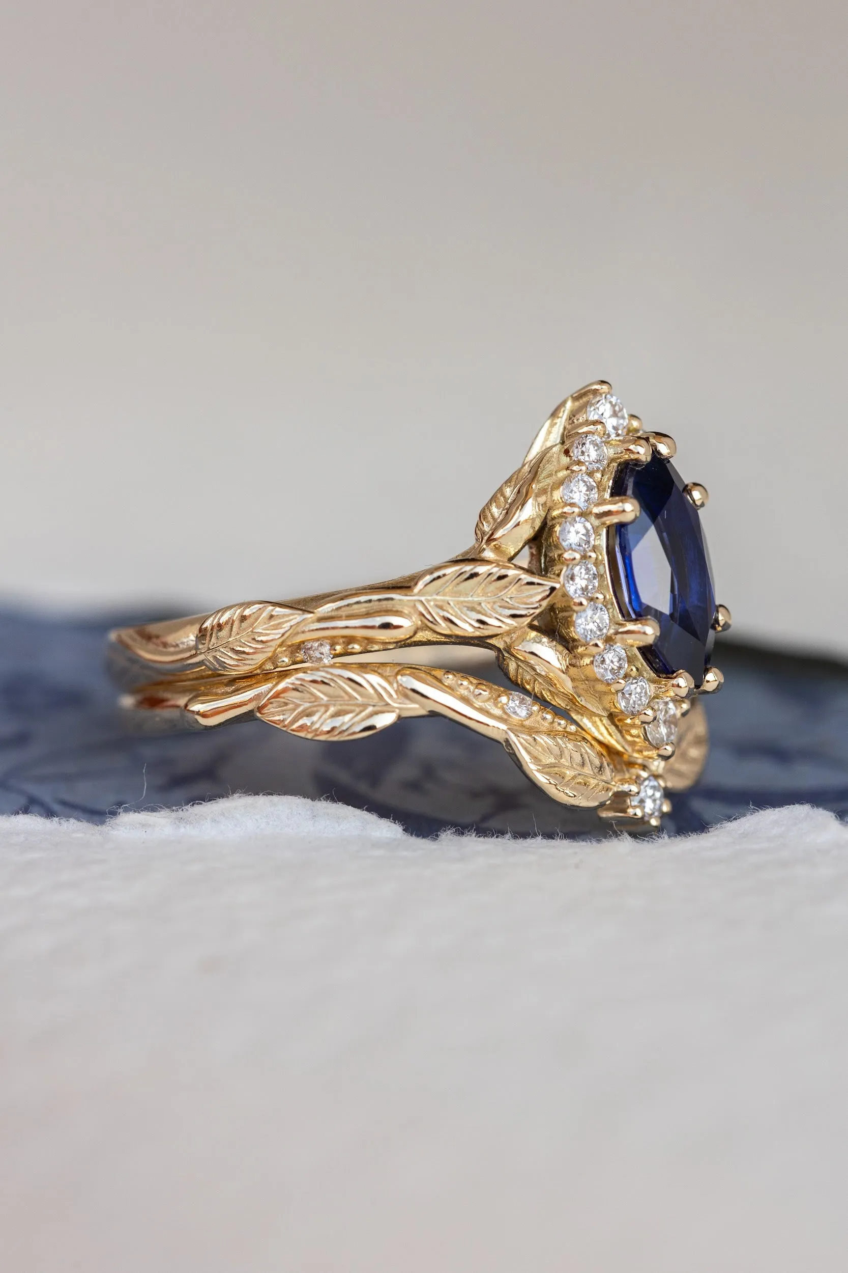 Marquise cut sapphire engagement ring set, nature inspired bridal ring set with diamond halo / Florentina